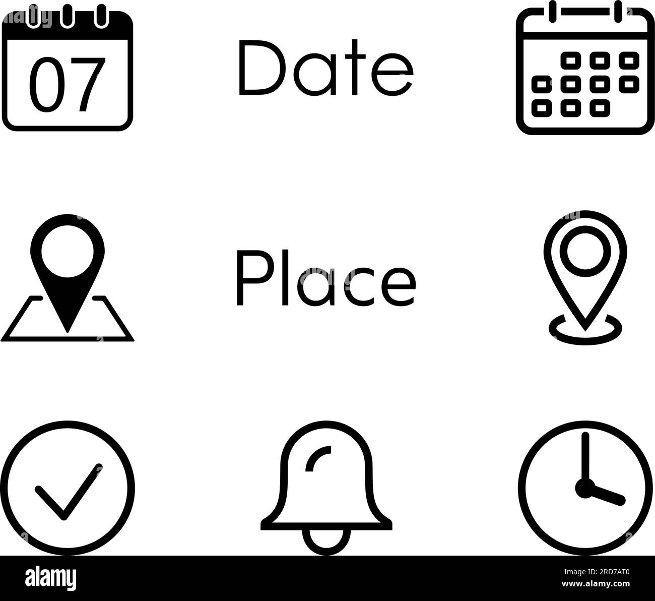 Business icons in the form of date, place, check, bell ank time Stock Vector