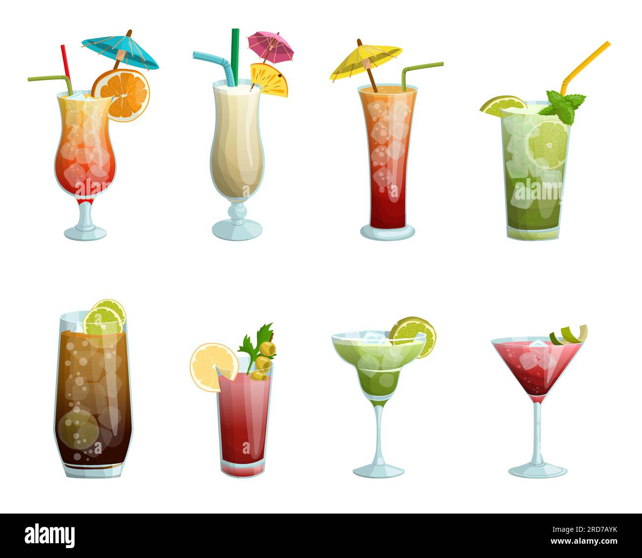 A set of tropical cocktails. Cuba libre, mojito, bloody Mary, etc. Vector illustration on a white background Stock Vector