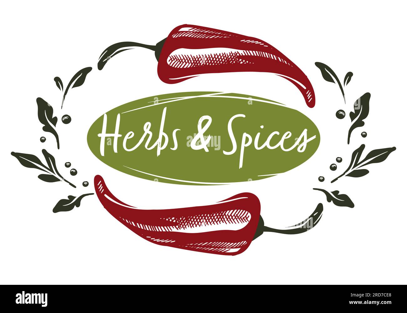 Herbs and spices, emblem with peppers and leaves Stock Vector Image