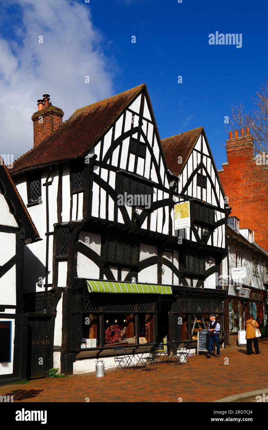 The Bakehouse bakery, coffee shop and tea rooms in historic timber framed building in upper part of High Street, Tonbridge, Kent, England Stock Photo