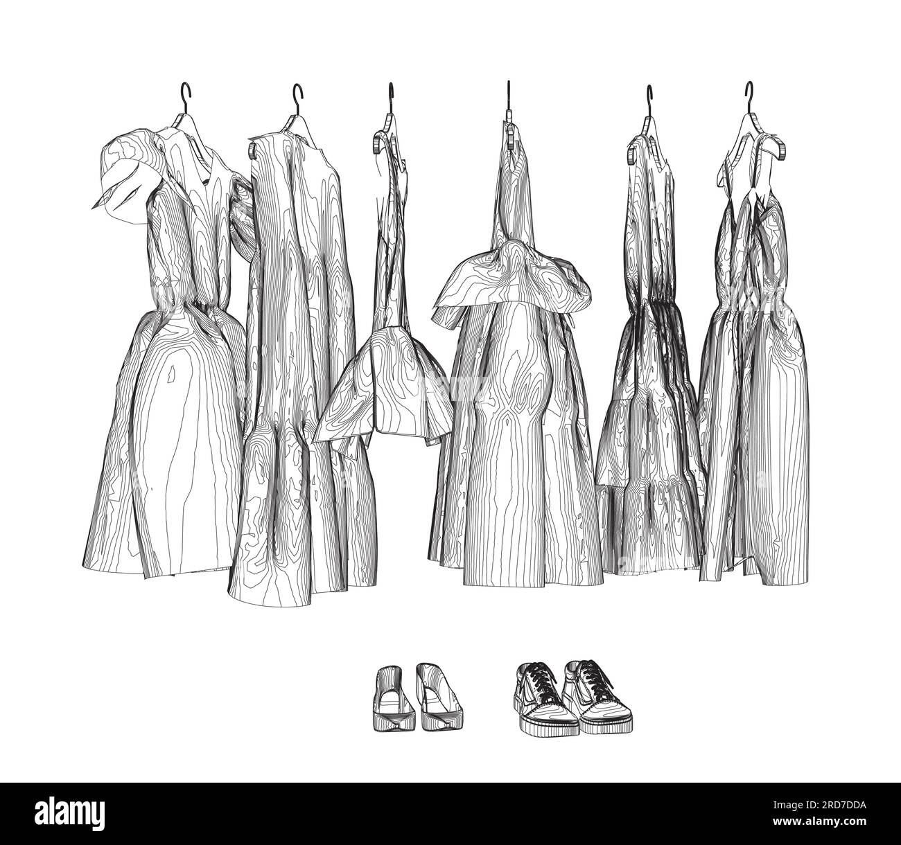 Girls' Long Peasant Dress contour, vector flat sketch fashion template ...