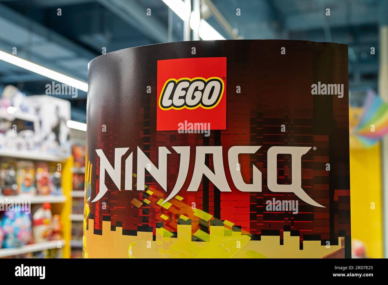 Lego company advertising at the entrance to a toy store. Lego company