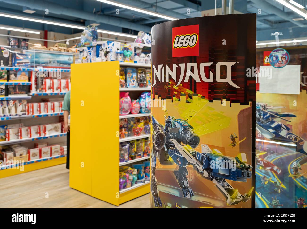 Lego company advertising at the entrance to a toy store. Lego company