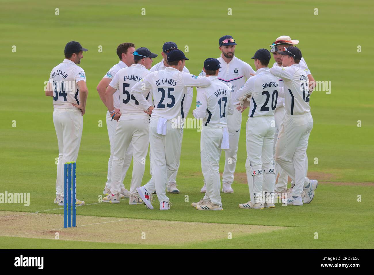 London, UK. 19th July, 2023. Middlesex have a team talk as they take on Surrey on day one of the County Championship match at Lords. Credit: David Rowe/Alamy Live News Stock Photo