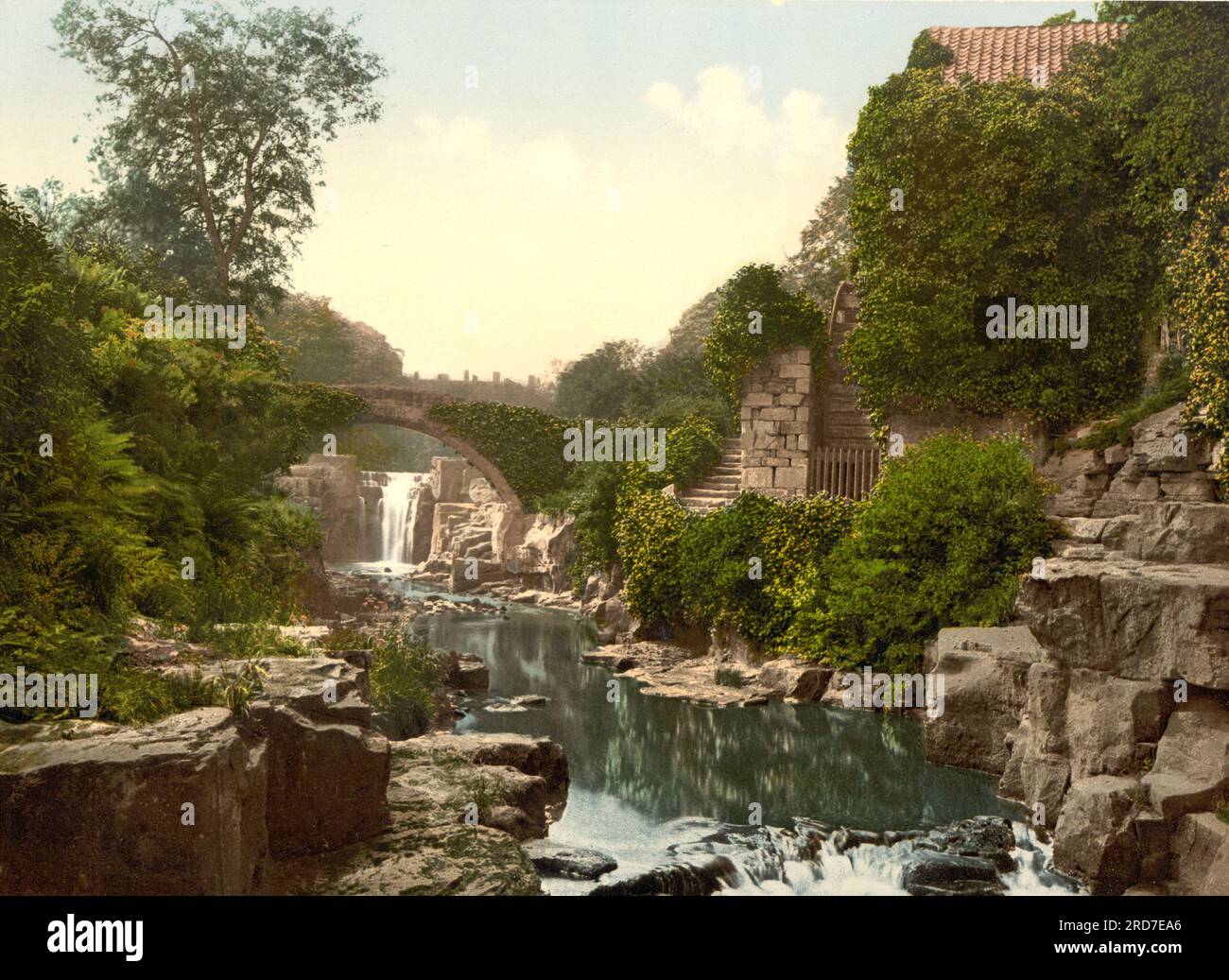 Jesmond Dene, old mill, Newcastle-on-Tyne, England, 1895, Historical, digital improved reproduction of an old Photochrome print Stock Photo