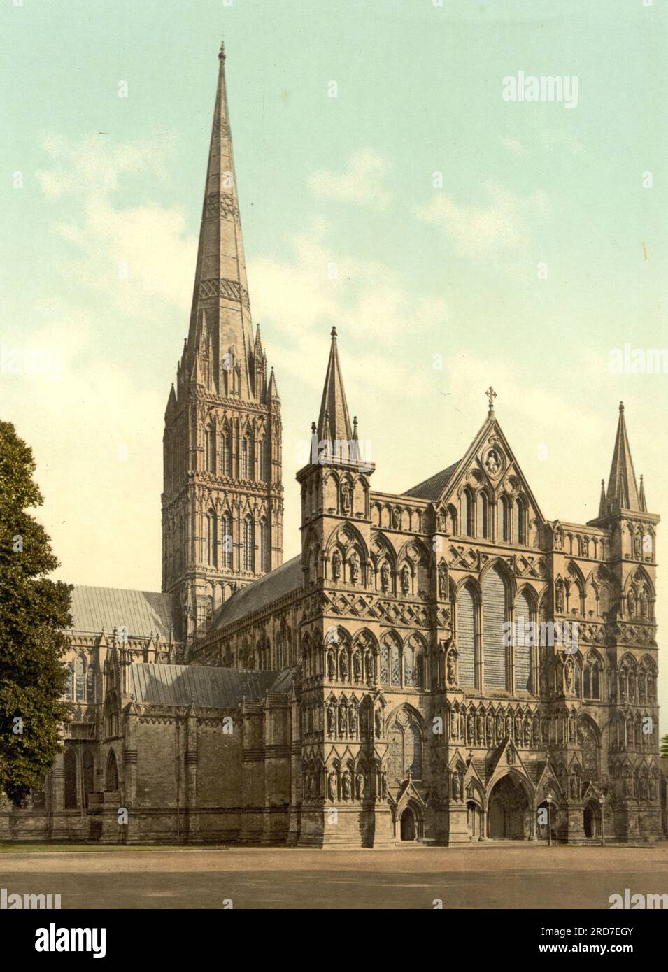 Salisbury Cathedral, formally the Cathedral Church of the Blessed Virgin Mary, is an Anglican cathedral in Salisbury, England, 1895, Historical, digital improved reproduction of an old Photochrome print Stock Photo