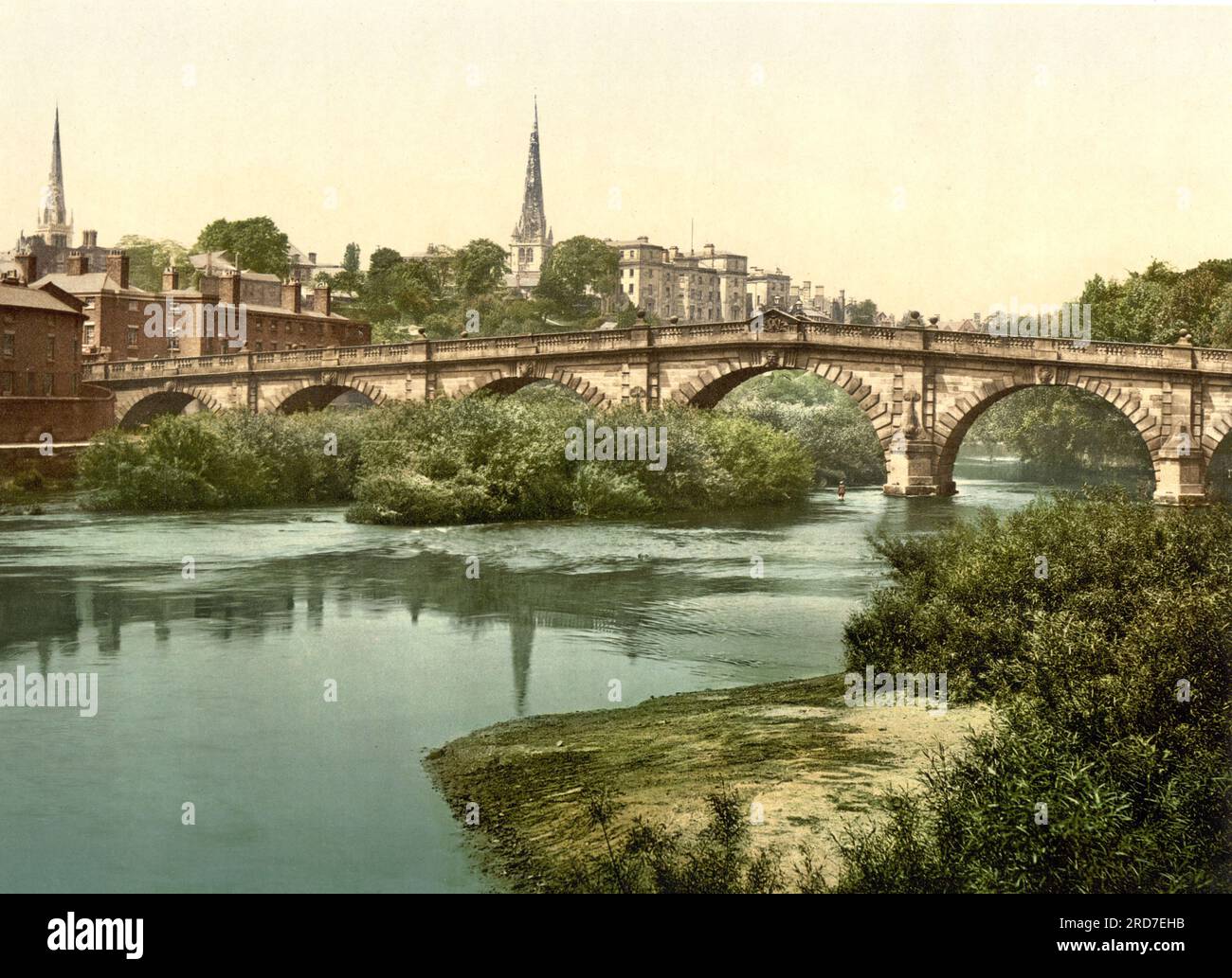 English Bridge, Shrewsbury, a market town, civil parish, and the county town of Shropshire, England, 1895, Historical, digital improved reproduction of an old Photochrome print Stock Photo