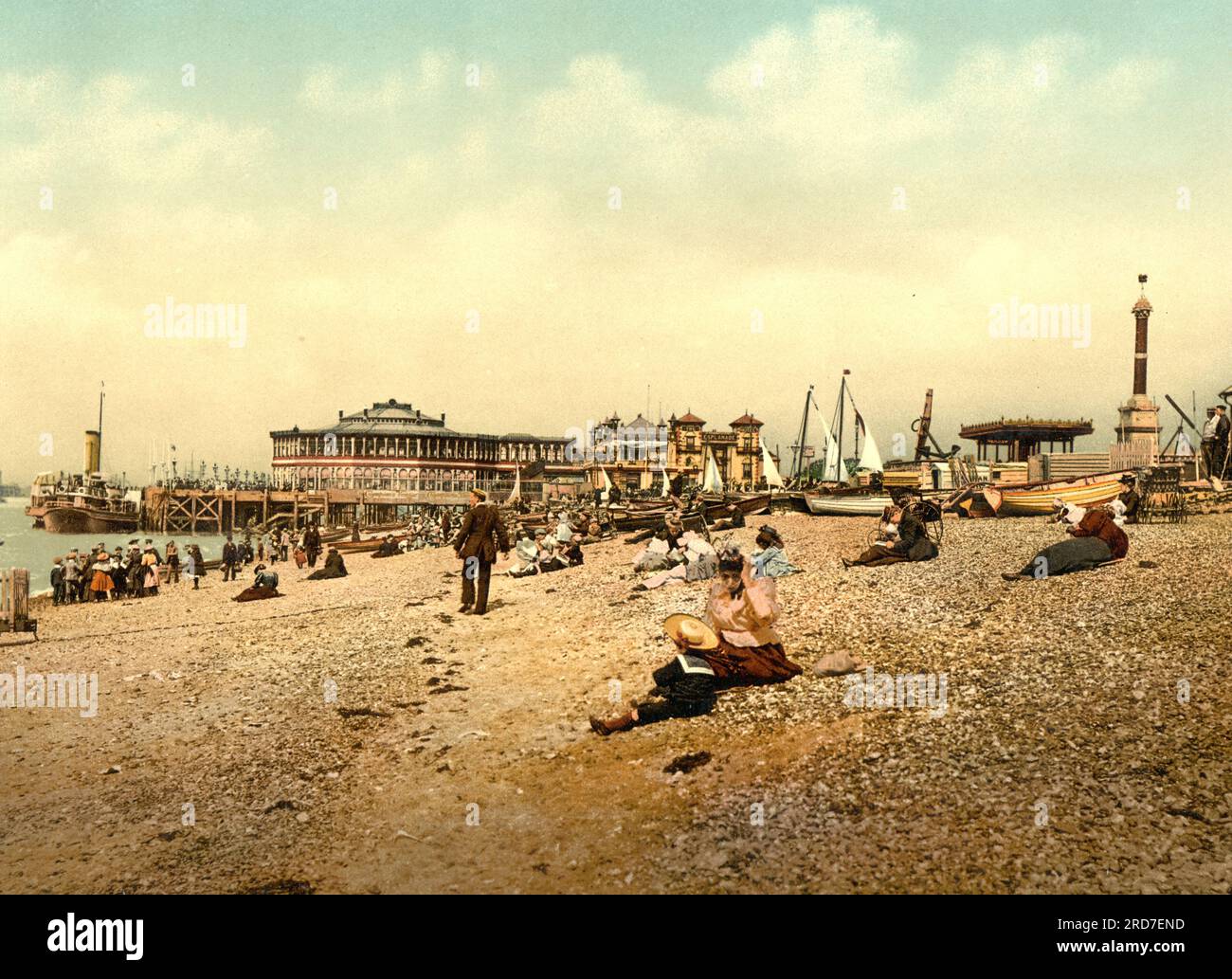 Southsea beach, a seaside resort and a geographic area of Portsmouth, Portsea Island in England, 1895, Historical, digital improved reproduction of an old Photochrome print Stock Photo