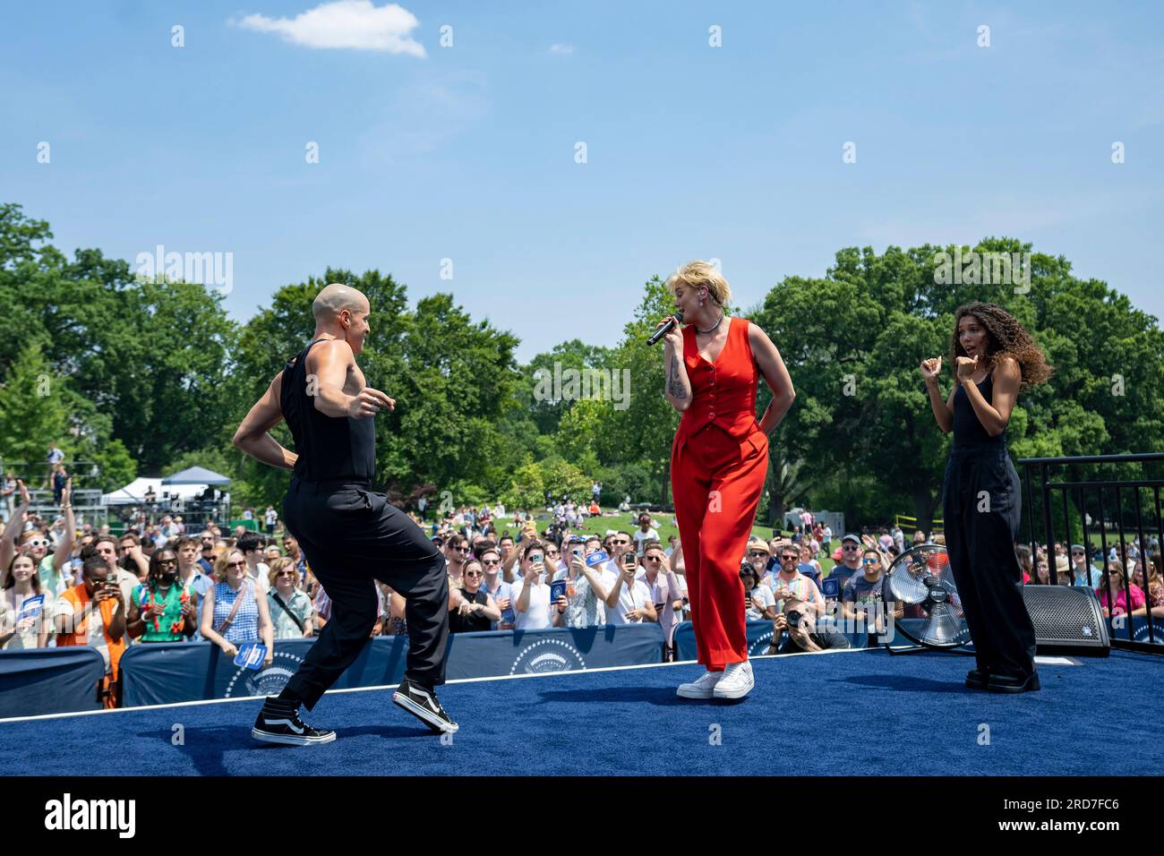 Washington, United States of America. 10 June, 2023. Musician Betty Who, center, performs at a Pride celebration on the South Lawn of the White House, June 10, 2023 in Washington, D.C. Credit: Cameron Smith/White House Photo/Alamy Live News Stock Photo