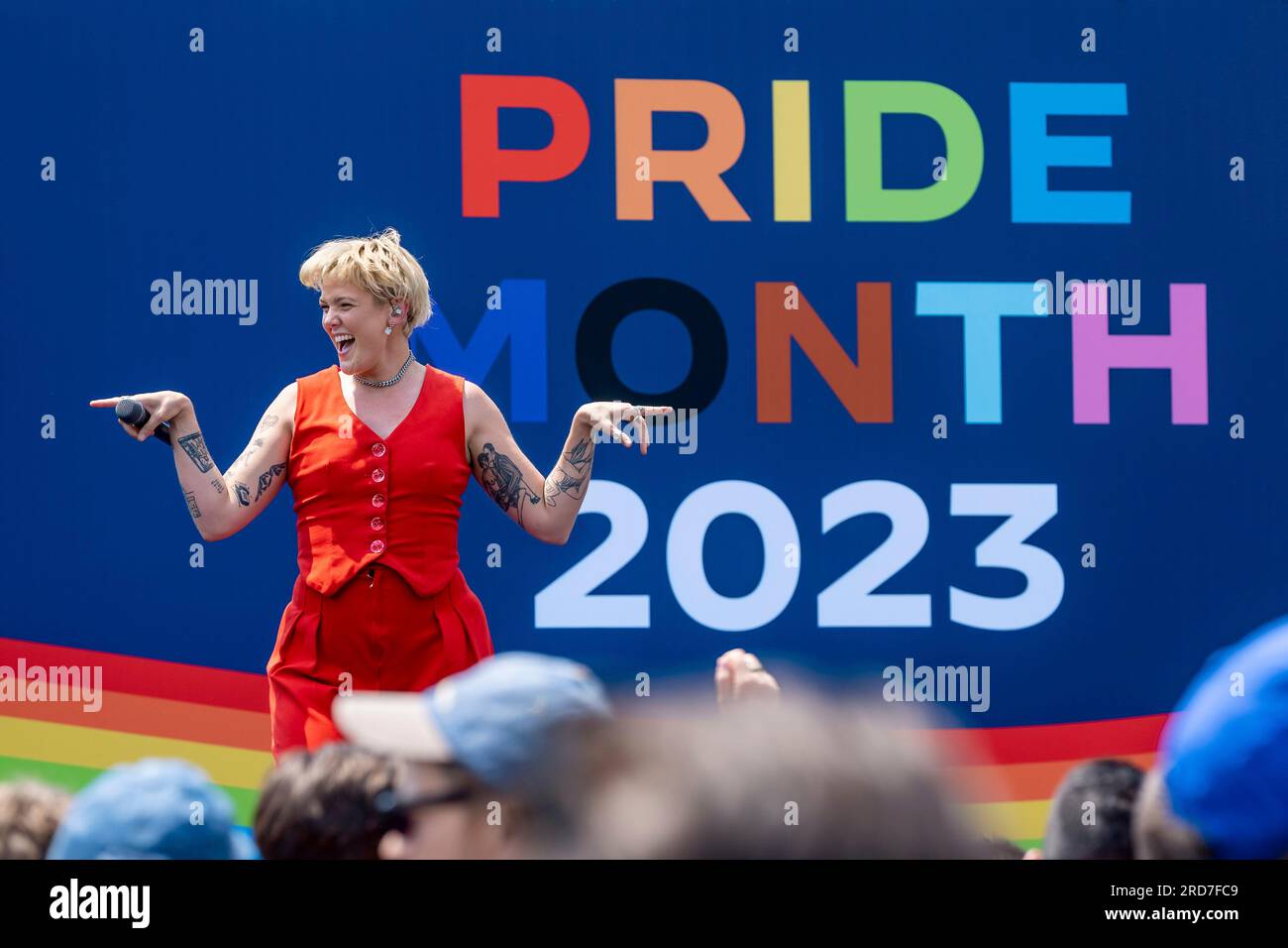 Washington, United States of America. 10 June, 2023. Musician Betty Who performs at a Pride celebration on the South Lawn of the White House, June 10, 2023 in Washington, D.C. Credit: Carlos Fyfe/White House Photo/Alamy Live News Stock Photo