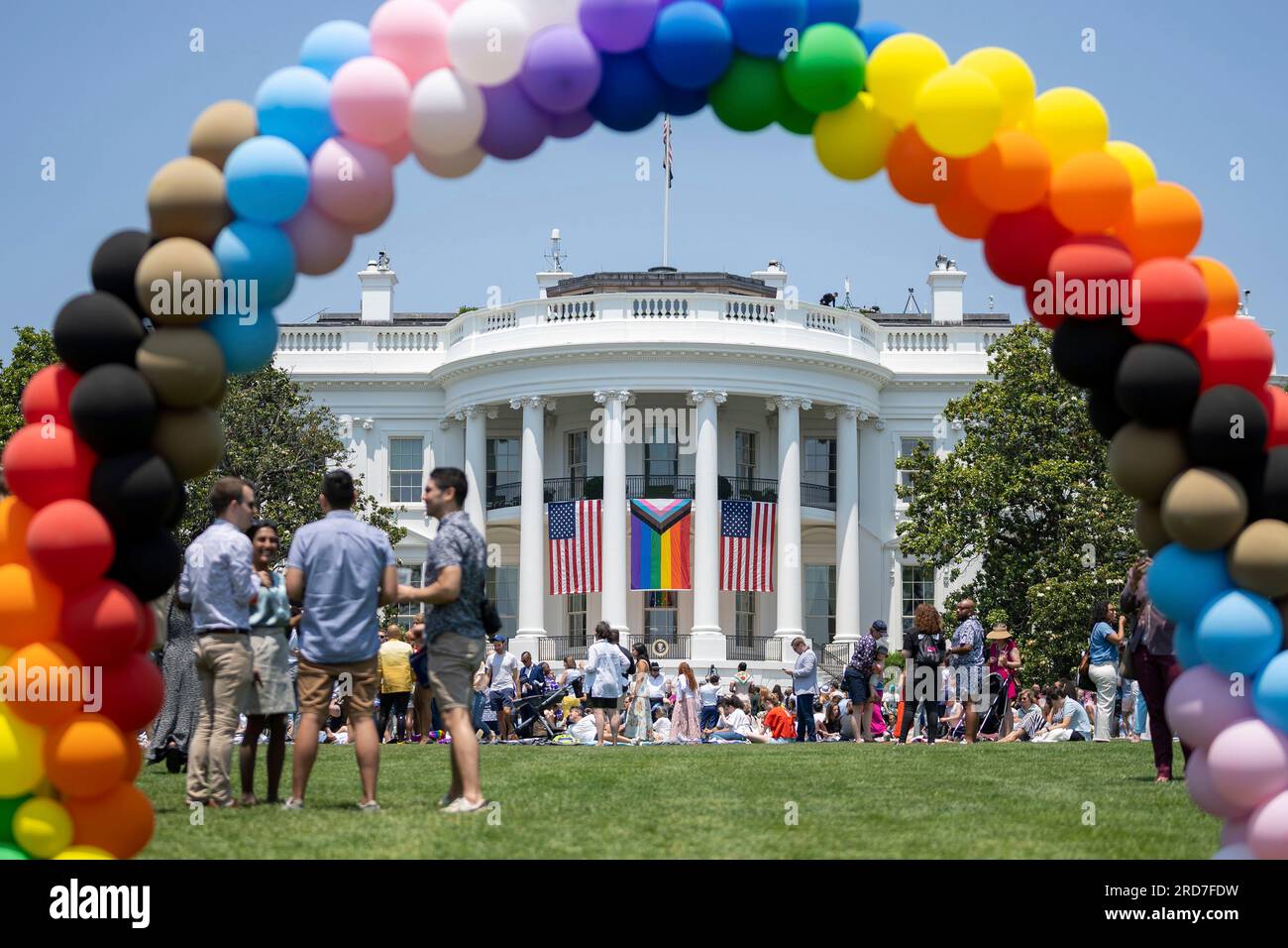 Washington, United States of America. 10 June, 2023. A rainbow balloon arch frames the south face of the White House during the annual Pride celebration on the South Lawn of the White House, June 10, 2023 in Washington, D.C. Credit: Carlos Fyfe/White House Photo/Alamy Live News Stock Photo