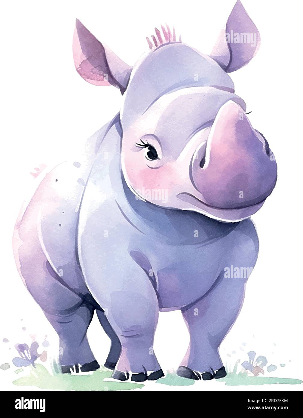 Cartoon rhinoceros watercolor for print design. Isolated graphic template. Stock Vector