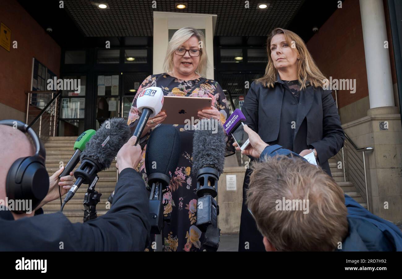 Solicitors Rose Gibson (left) and Polly Herbert (right), read a statement outside Minshull Street Crown Court, Manchester, after Adil Iqbal was jailed for 12 years. The 22-year-old from Accrington, Lancashire, admitted causing the death of a pregnant mother-of-two Frankie Jules-Hough, 38, and causing serious injury to her son, Thomas, aged nine. Her four-year-old nephew Tobias, was also badly hurt in the crash on the M66 in Bury, Greater Manchester on May 13. Picture date: Wednesday July 19, 2023. Stock Photo