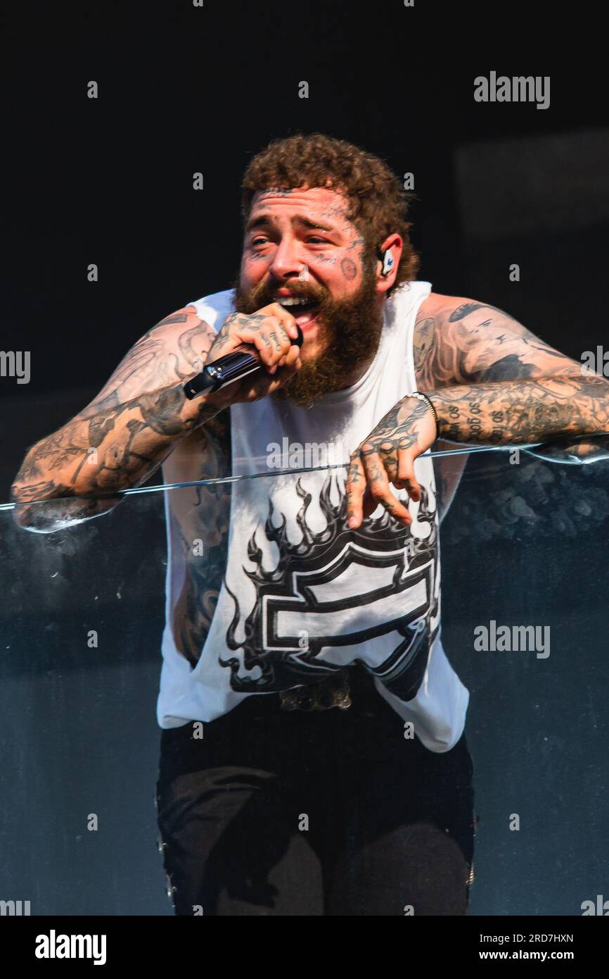 New York, USA. July 18, 2023, New York City, New York: (NEW) Post Malone  Performing live on TSX Stage at Times Square. July 18, 2023, New York, USA:  American rapper Austin Richard