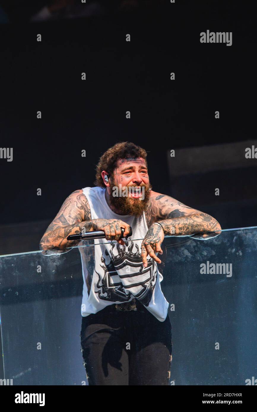 New York, USA. July 18, 2023, New York City, New York: (NEW) Post Malone  Performing live on TSX Stage at Times Square. July 18, 2023, New York, USA:  American rapper Austin Richard