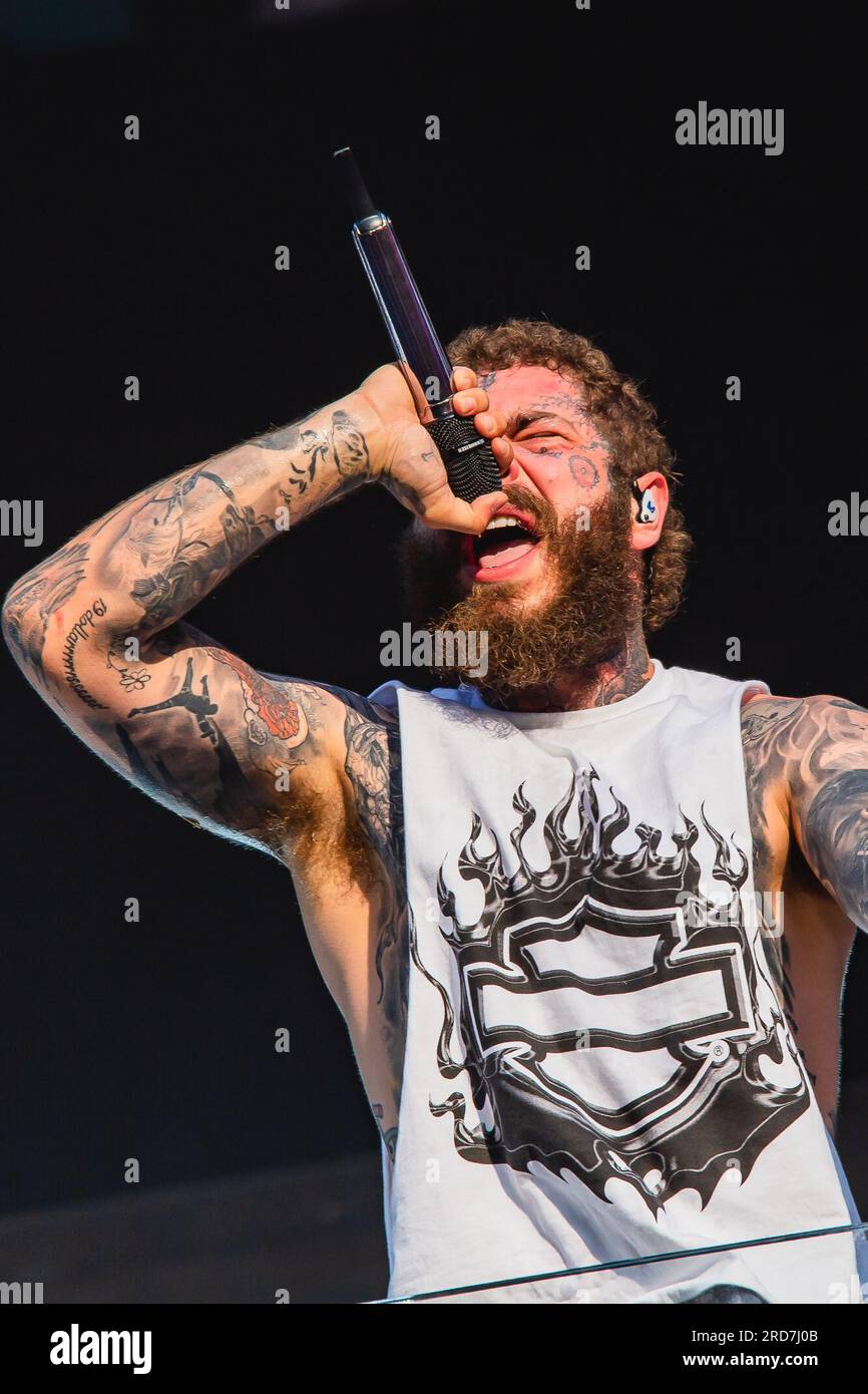 New York, USA. July 18, 2023, New York City, New York: (NEW) Post Malone  Performing live on TSX Stage at Times Square. July 18, 2023, New York, USA:  American rapper Austin Richard