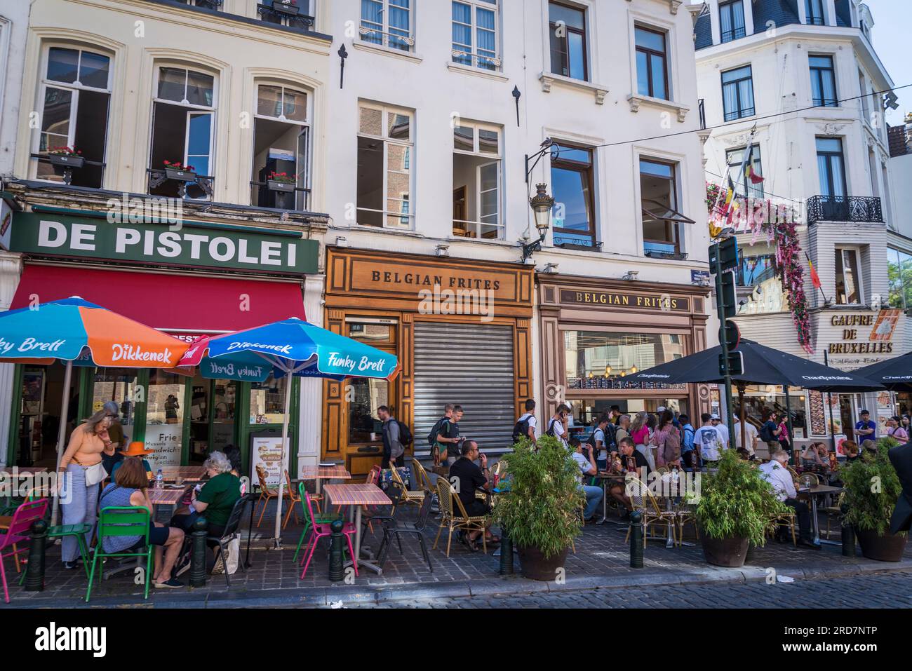 Cafes and restaurants in Rue de la Madeleine / Magdalenasteenweg, Brussels, Belgium Stock Photo