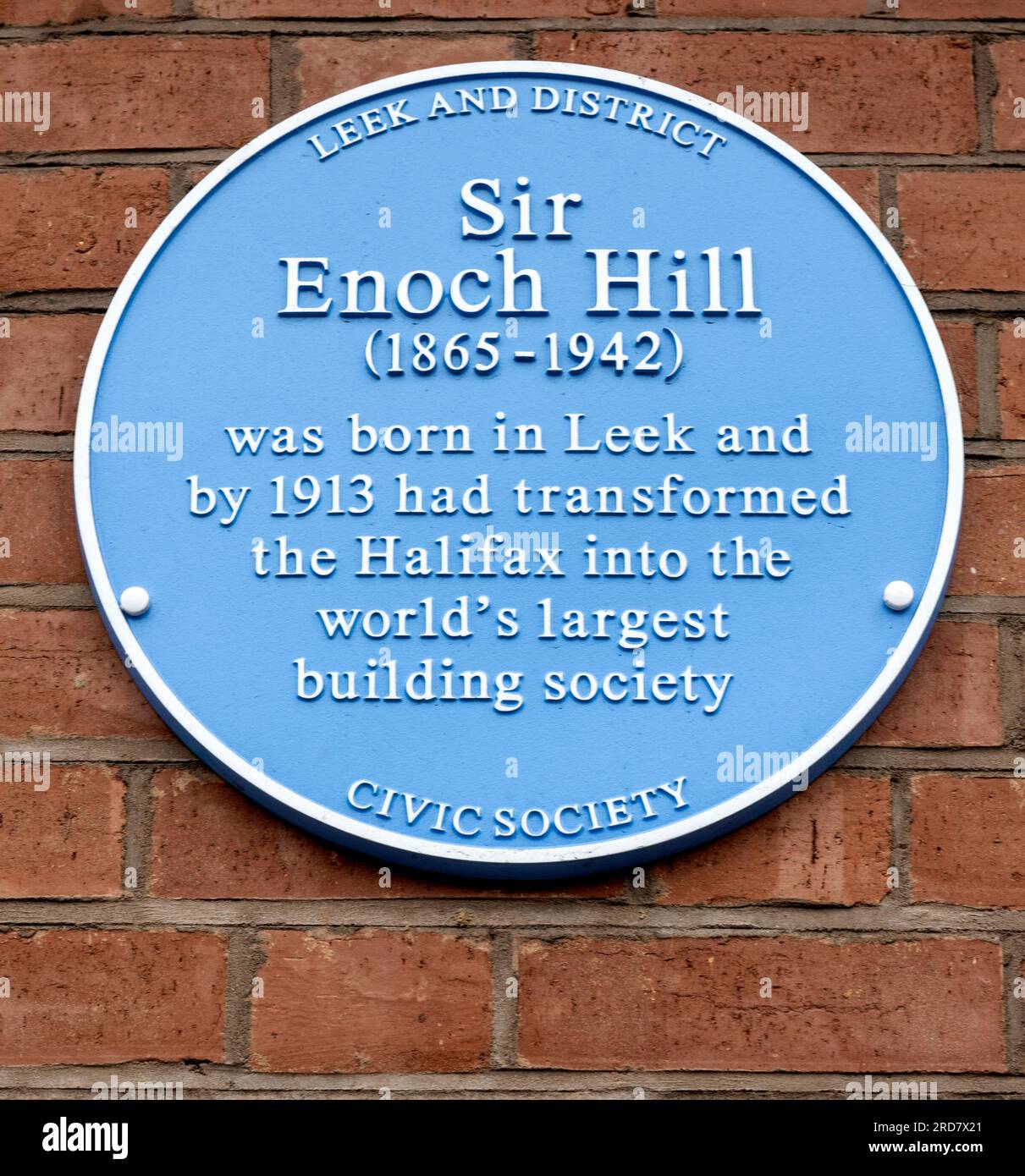 Leek and District Civic Society blue plaque  commemorating Sir Enoch Hill at Halifax Building Society, Derby Street, Leek, Staffordshire, England, UK Stock Photo
