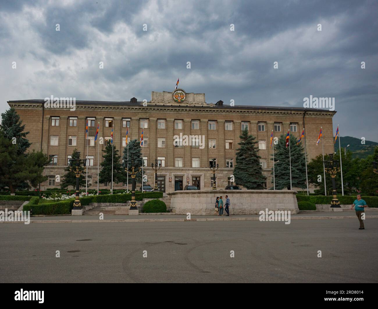 The exterior of Karabakh's Presidential Building at the Renaissance Square of Stepanakert, Nagorno-Karabakh. The unrecognised yet de facto independent country in South Caucasus, Nagorno-Karabakh (also known as Artsakh) has been in the longest-running territorial dispute between Azerbaijan and Armenia in post-Soviet Eurasia since the collapse of Soviet Union. It is mainly populated by ethnic Armenians. Stock Photo