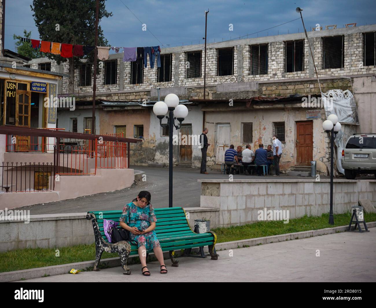 Locals seen outside Artsakh State University in Stepanakert, Nagorno-Karabakh. The unrecognised yet de facto independent country in South Caucasus, Nagorno-Karabakh (also known as Artsakh) has been in the longest-running territorial dispute between Azerbaijan and Armenia in post-Soviet Eurasia since the collapse of Soviet Union. It is mainly populated by ethnic Armenians. Stock Photo