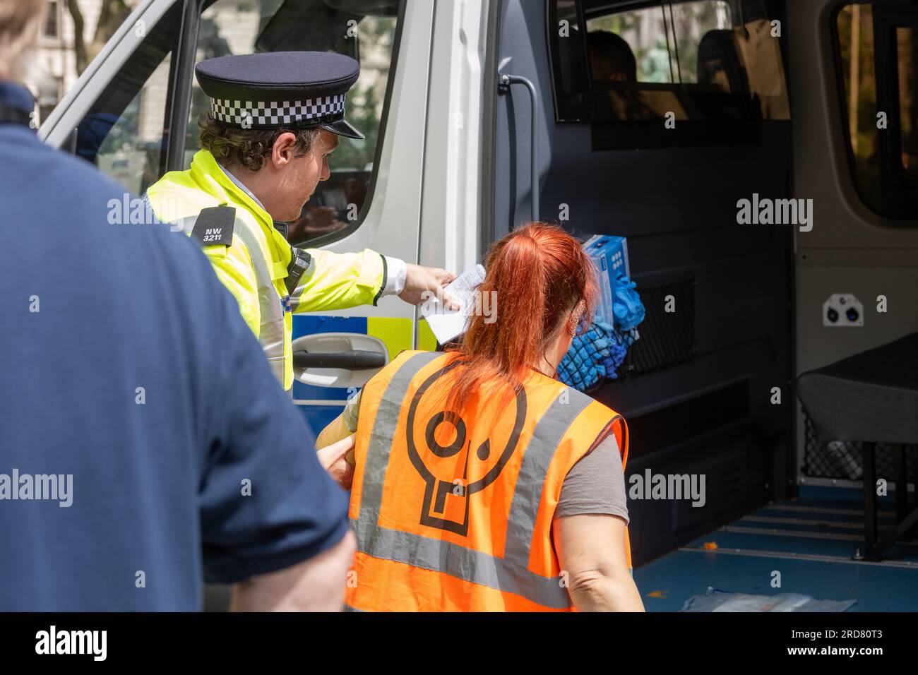 London, UK. 19th July, 2023. Just Stop Oil (JSO) protesters protesting and arrests outside the Supreme Court in London It is understood the arrests were for breach of bail conditions from earlier protests Credit: Ian Davidson/Alamy Live News Stock Photo
