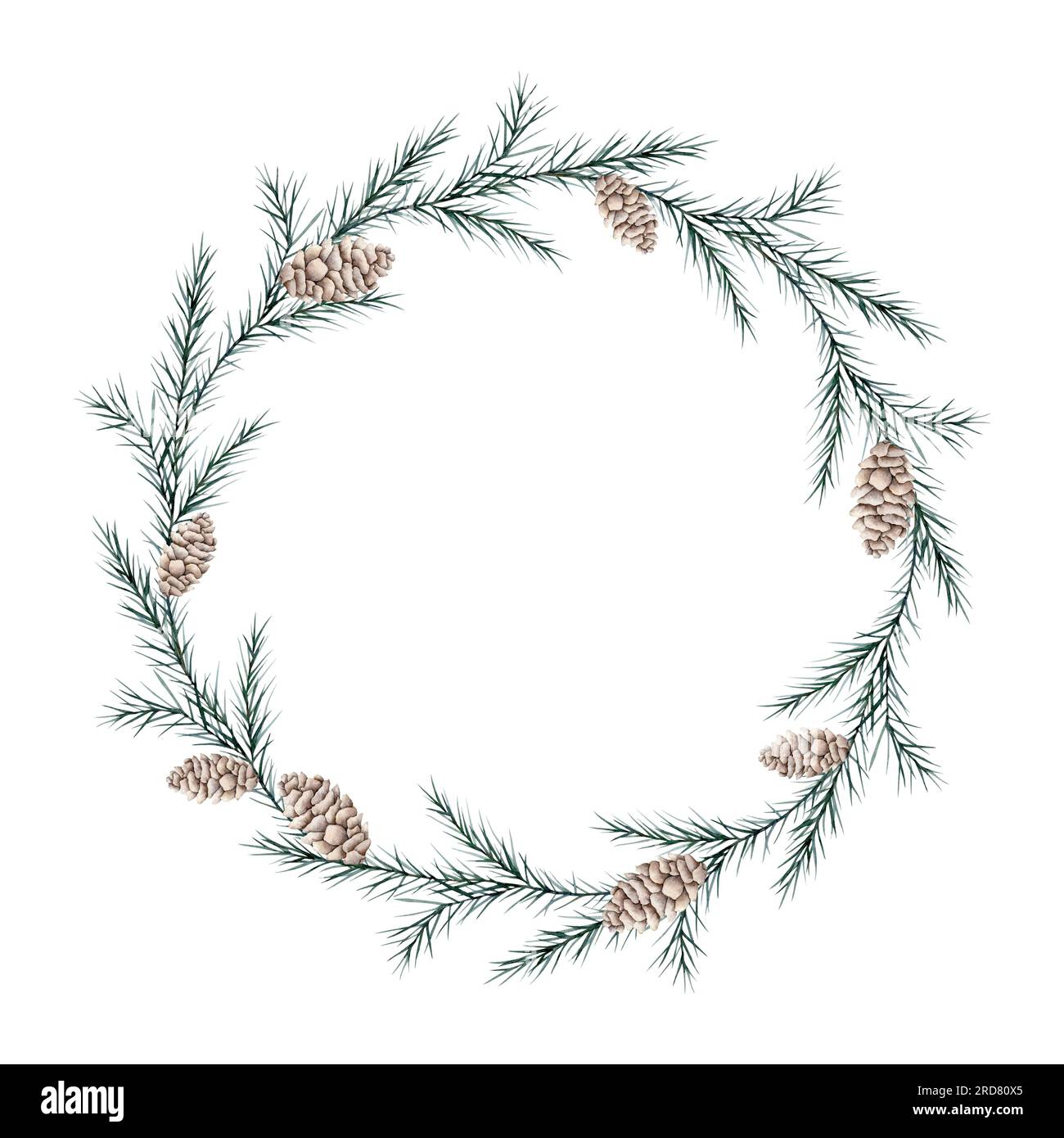 Wreath with pine branch and cones. Watercolor twig of conifers ...