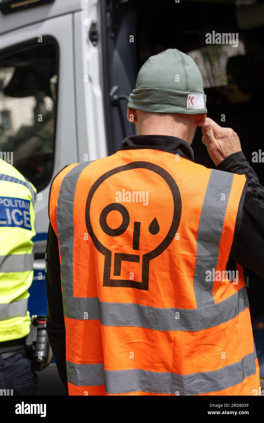 London, UK. 19th July, 2023. Just Stop Oil (JSO) protesters protesting and arrests outside the Supreme Court in London It is understood the arrests were for breach of bail conditions from earlier protests Credit: Ian Davidson/Alamy Live News Stock Photo