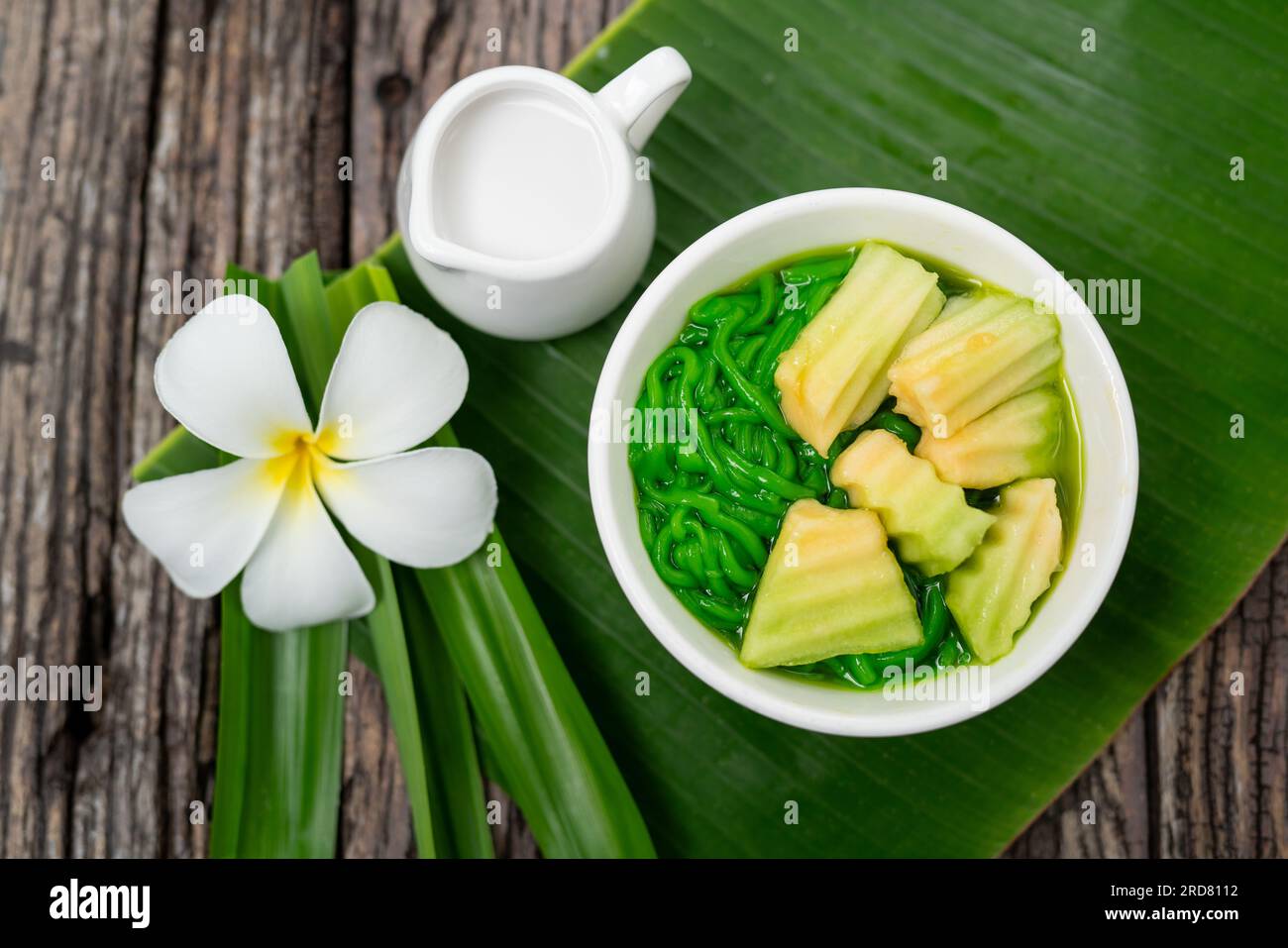 Top view of Lod Chong Thai dessert with pandan leaf on the wood background. Stock Photo