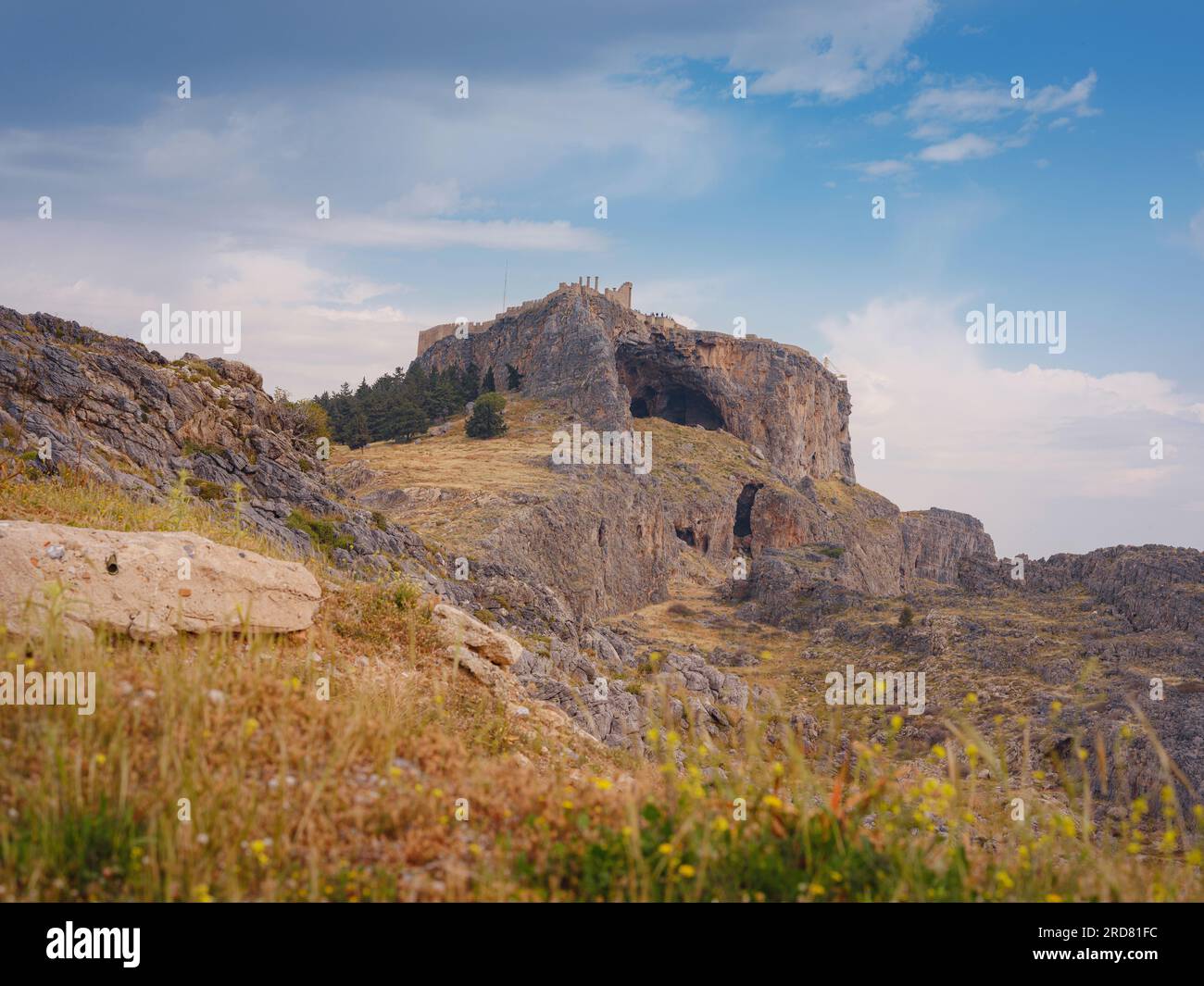 Views of Acropolis of Lindos and Temple of Athena Lindia near town of Lindos on island of Rhodes, Greece Stock Photo