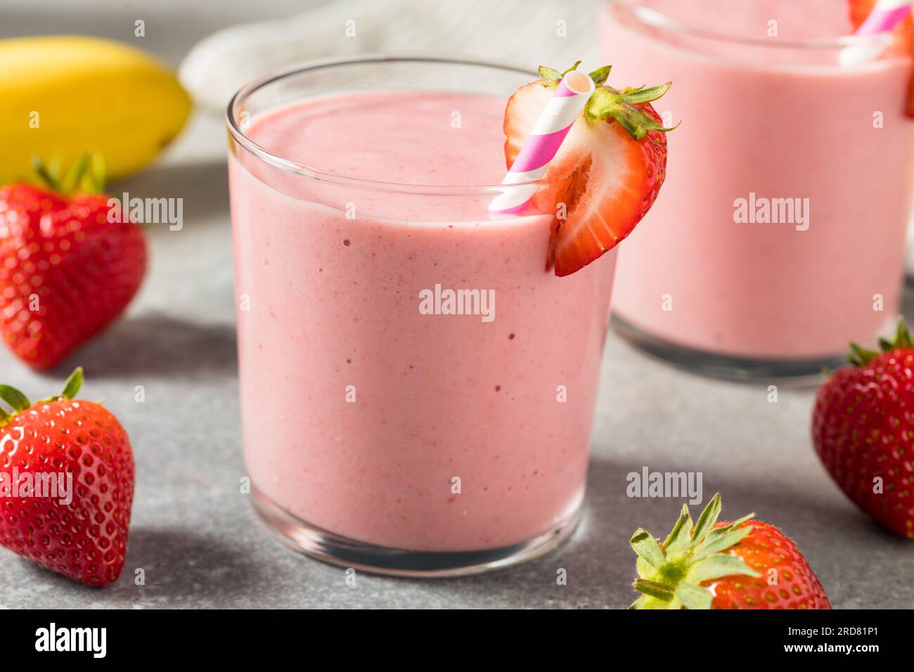 Healthy Homemade Strawberry Breakfast Smoothie with Banana Stock Photo
