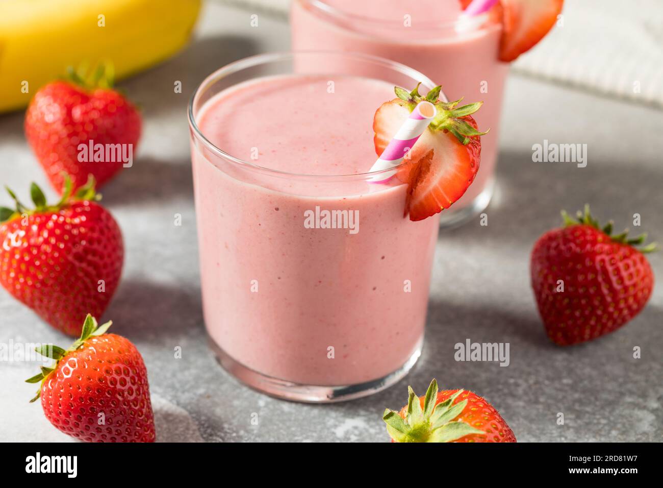 Healthy Homemade Strawberry Breakfast Smoothie with Banana Stock Photo