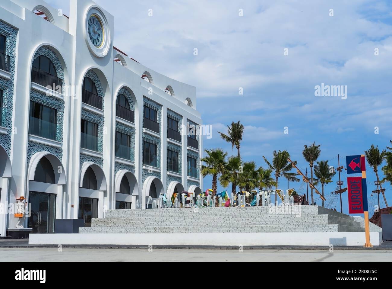 Nha Trang, Khanh Hoa, Vietnam - 19 July 2023: New touristic district Vega City Nha Trang, architecture and sculptures in European and Caribbean style Stock Photo