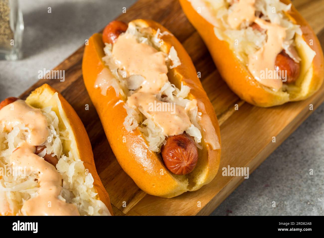 Homemade Kansas City Style Reuben Hot Dog with Sauerkraut Stock Photo Alamy
