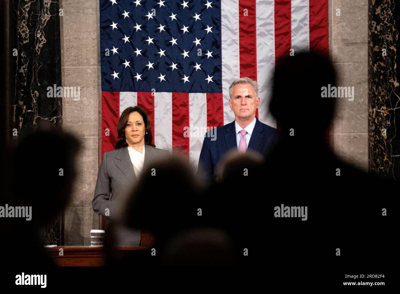 Washington, United States, 19/07/2023, Vice President Kamala Harris and House Speaker Kevin McCarthy await the entrance of Israel President Isaac Herzog during a Joint Session of Congress, on July 19, 2023 in the House Chamber of the U.S. Capitol in Washington DC Credit: Aaron Schwartz/Alamy Live News Stock Photo