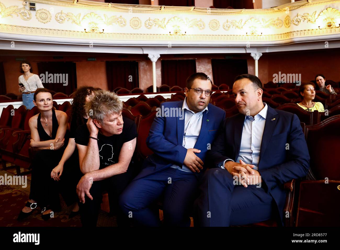 Taoiseach Leo Varadkar visits Lesya Ukrainka Theatre following a meeting with Ukraine's President Volodymyr Zelensky, in Kyiv, Ukraine. Picture date: Wednesday July 19, 2023. Stock Photo