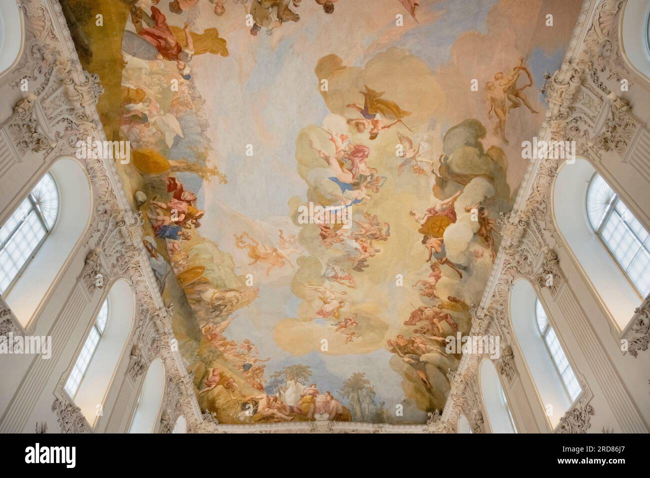 Germany, Bavaria,  Munich, Schleissheim Palace, The Neues Schloss or New Castle, the Large Hall, ceiling painting by the Venetian Jacopo Amigoni. Stock Photo