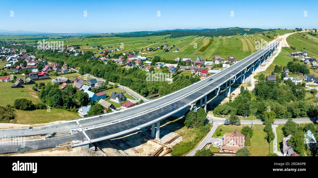 New fragment of highway under construction on Zakopianka road in Poland from Krakow to Zakopane over Klikuszowa village, main place of traffic jams ne Stock Photo
