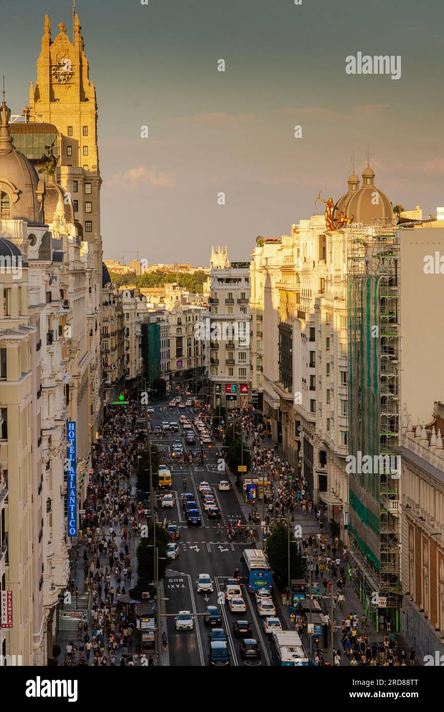 Gran Via in Madrid is a street located at the center of the capital. It is famous for the theaters, restaurants, cinemas and the shopping area. Spain. Stock Photo