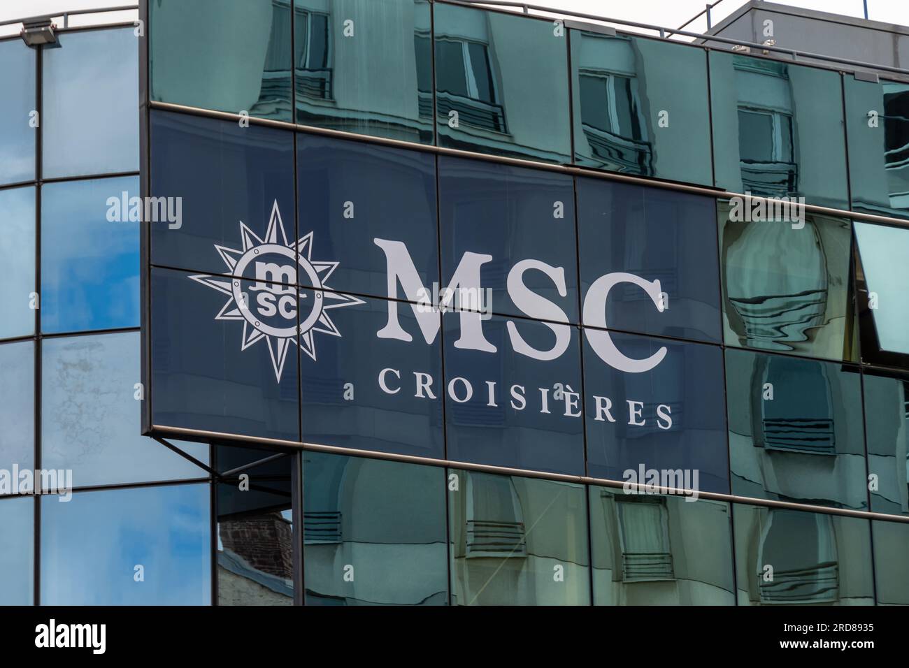 Sign and logo on the headquarters of MSC Croisières France, a cruise line company specializing in cruises, ferries and tourist navigation Stock Photo