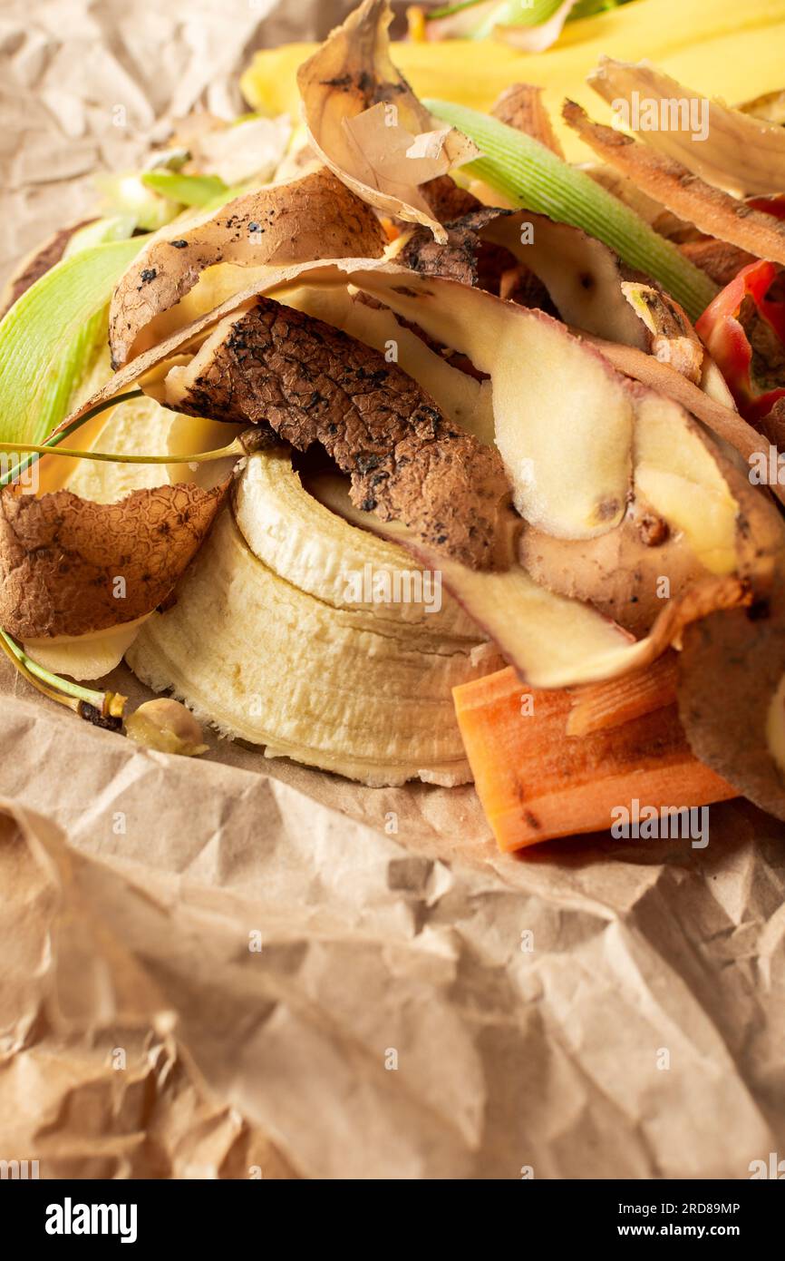 Food organic waste on eco friendly parchment paper, fruit and vegetable