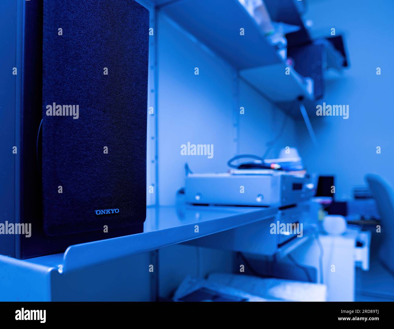 Hamburg, Germany Feb 13, 2023 A blue light shines on a hifi