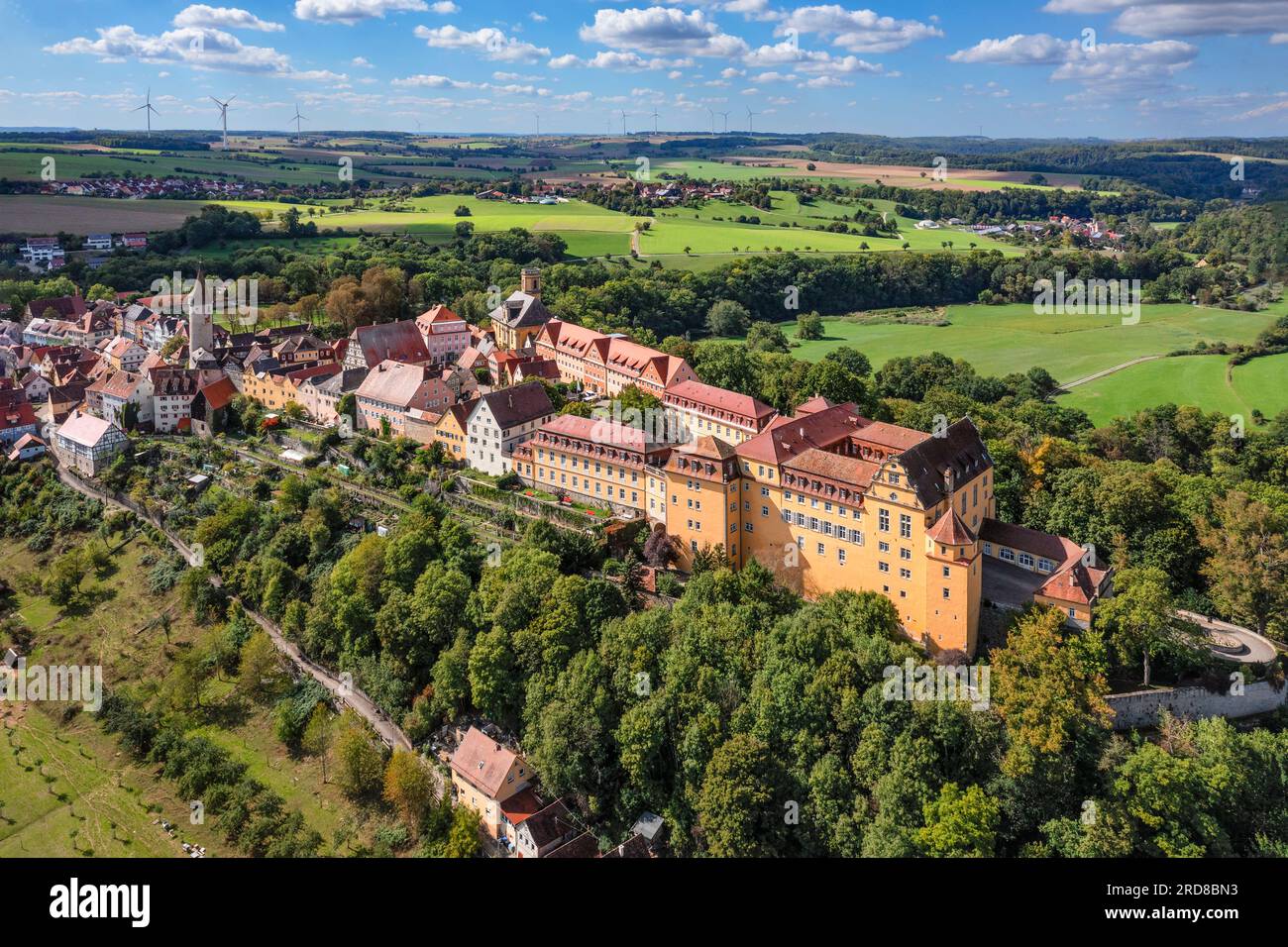 Aerial of Kirchberg an der Jagst with Kirchberg Castle, Hohenlohe, Baden-Wurttemberg, Germany, Europe Stock Photo