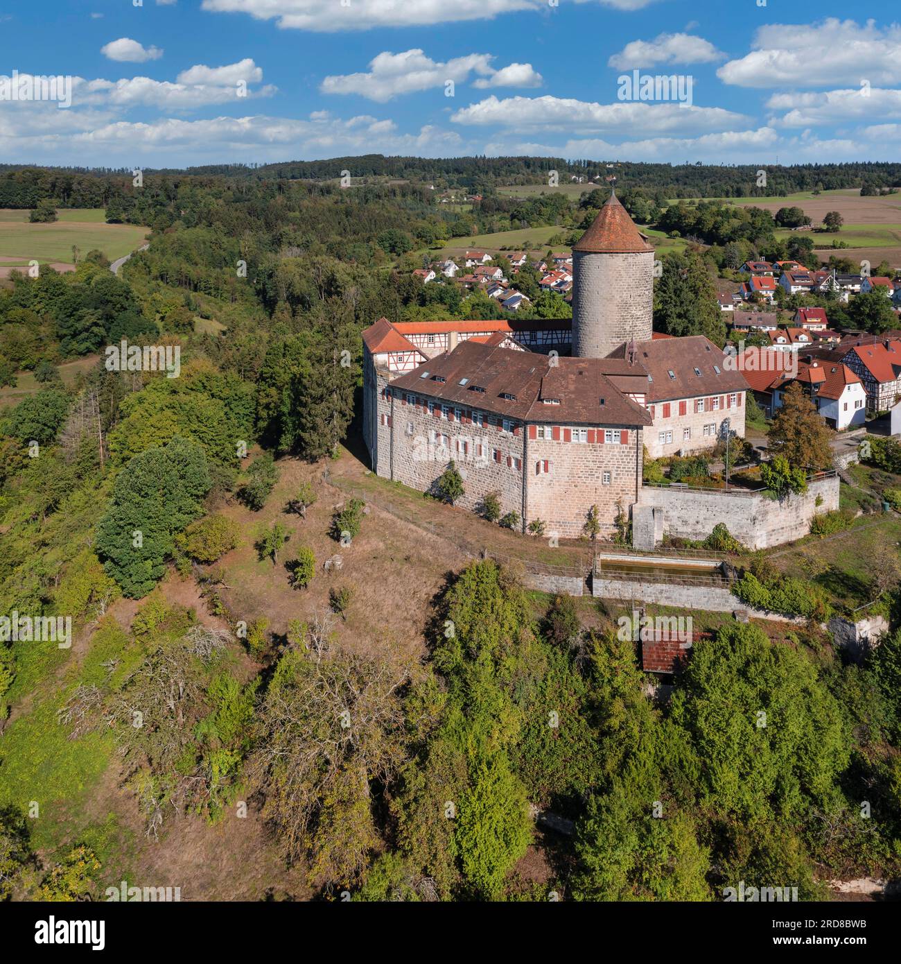 Aerial of Reichenberg Castle, Oppenweiler, Swabian-Franconian Forest Nature Park, Baden-Wurttemberg, Germany, Europe Stock Photo