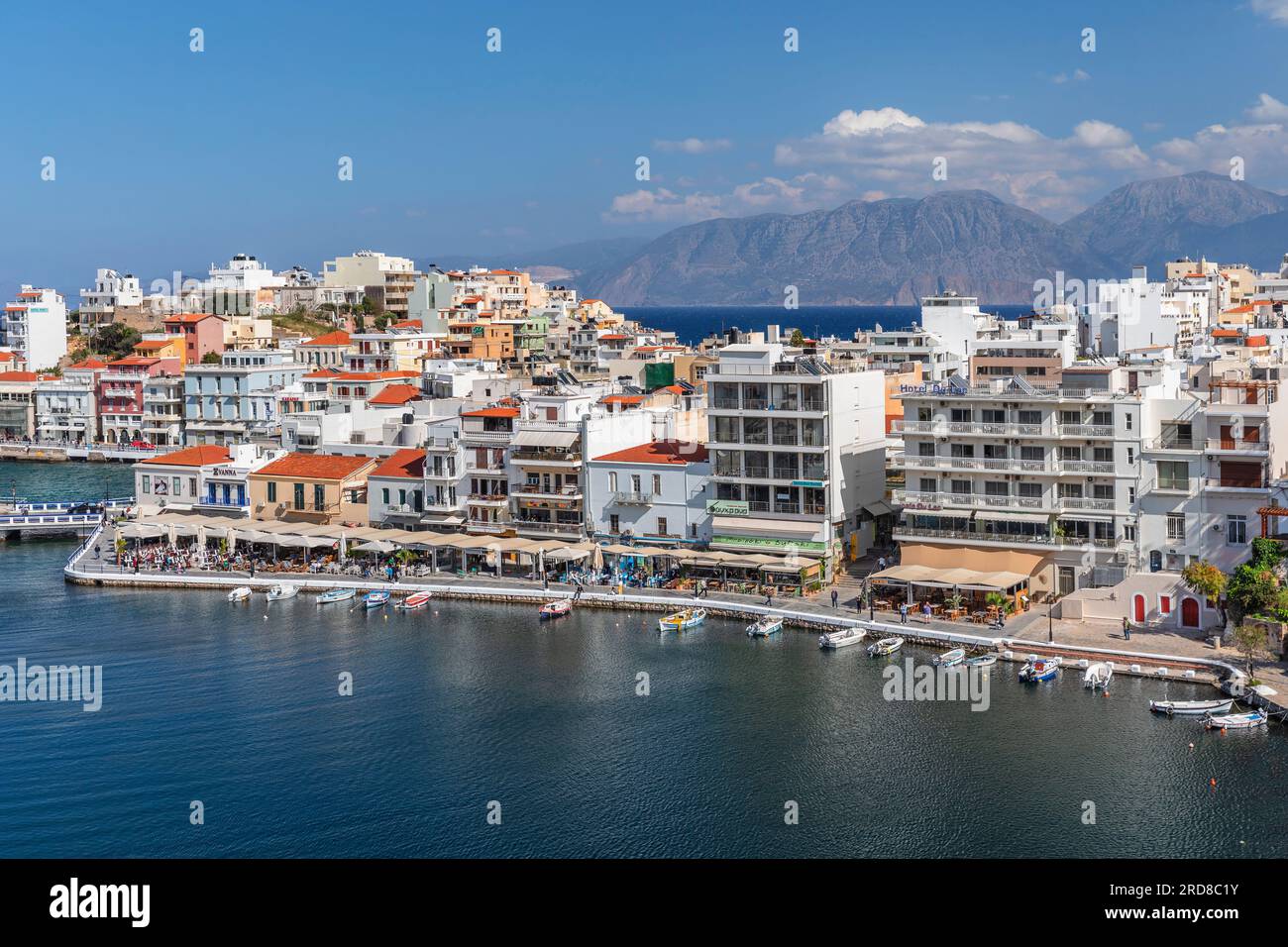 Promenade of Voulismeni Lake, Agios Nikolaos, Lasithi, Crete, Greek Islands, Greece, Europe Stock Photo