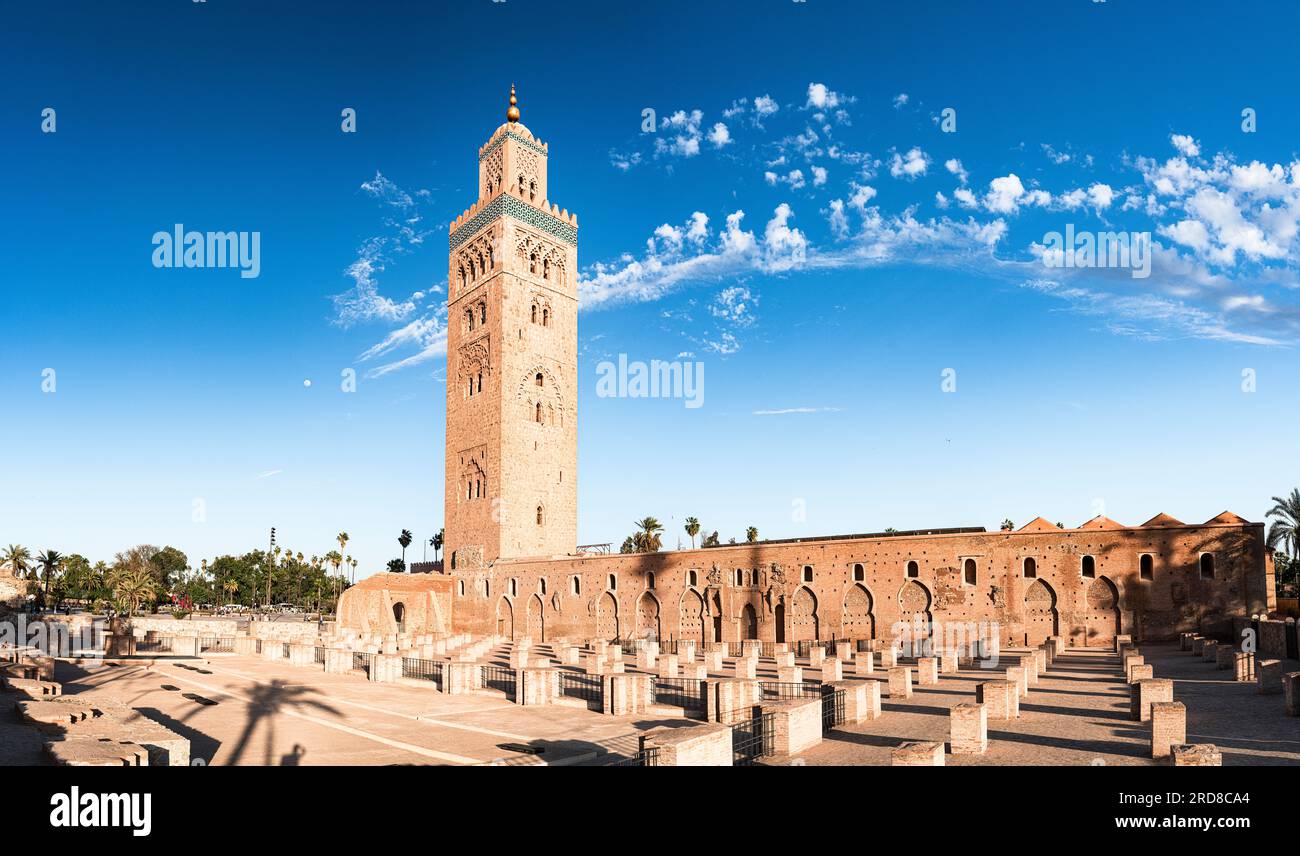 Panoramic of the ancient Koutoubia Mosque and minaret tower, UNESCO World Heritage Site