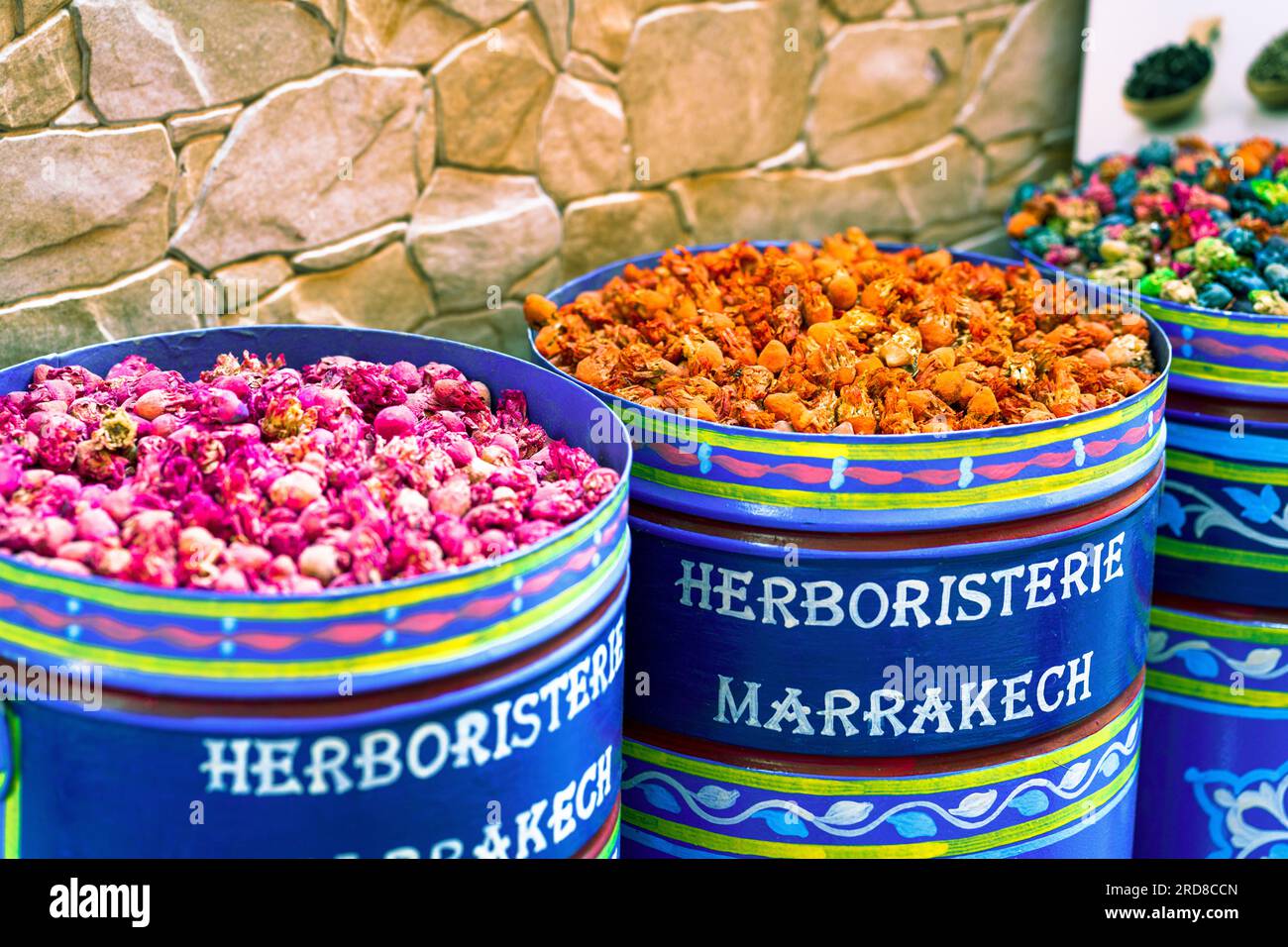 Colorful dried flowers for sale in a souk market in the medina, old town of Marrakech, Morocco, North Africa, Africa Stock Photo