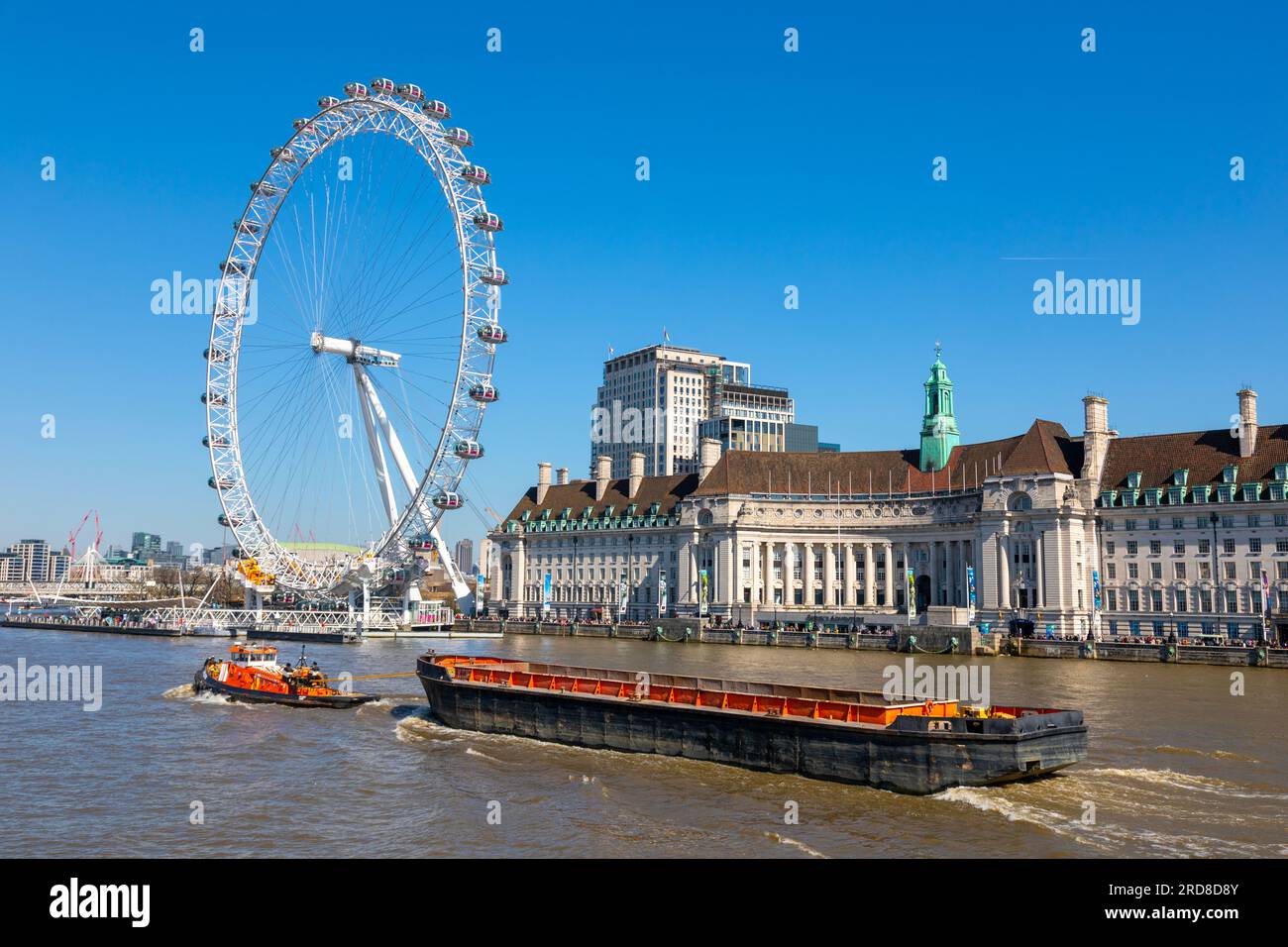 London Eye, tug boat and barge, River Thames, London, England, United Kingdom, Europe Stock Photo