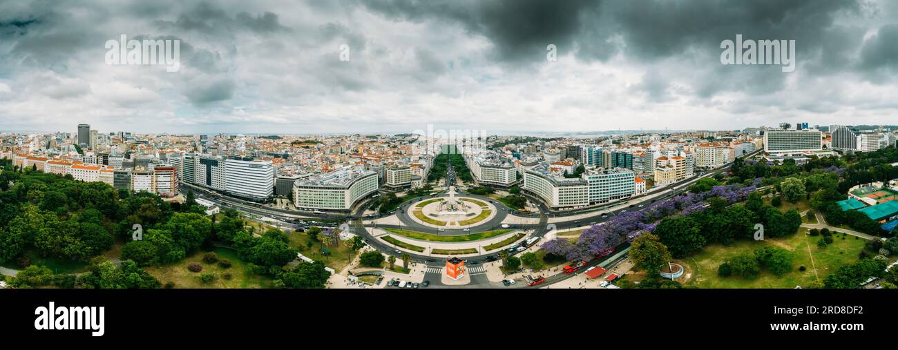 Aerial drone panoramic view of Parque Eduardo XII and Marques the Pombal looking south with Avenida da Liberdade in Lisbon, Portugal, Europe Stock Photo