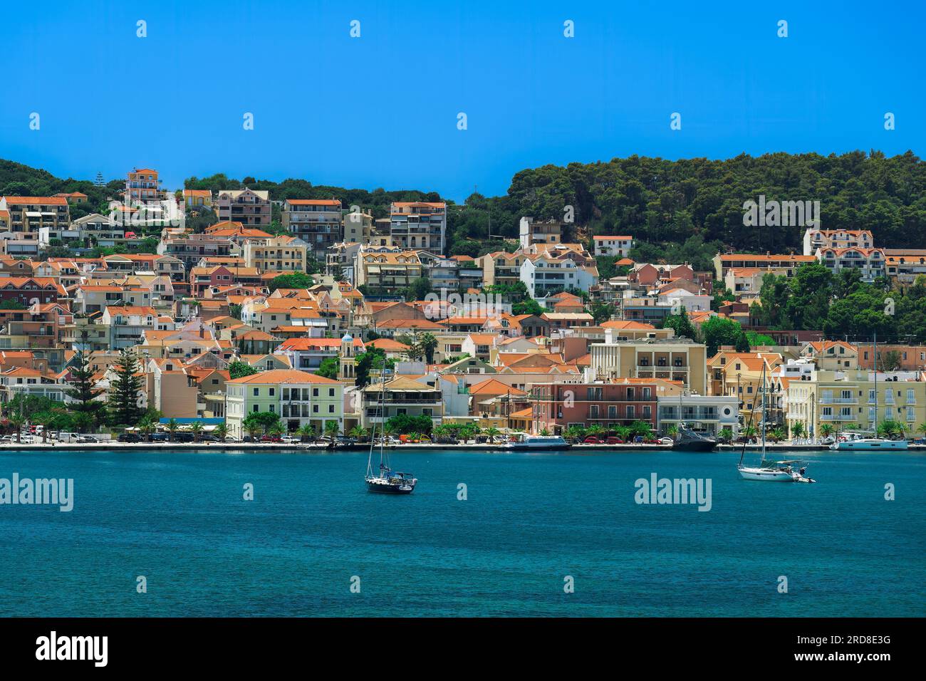 Town seafront panorama with low-rise buildings, Argostoli, Cephalonia Ionia Islands, Greek Islands, Greece, Europe Stock Photo
