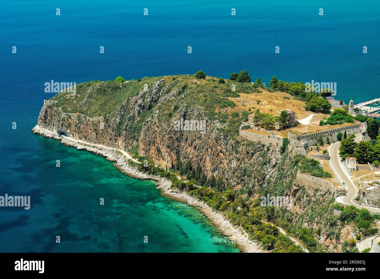 Akronafplia old castle with fortification above sea, panoramic view from Palamidi, Nafplion, Peloponnese, Greece, Europe Stock Photo